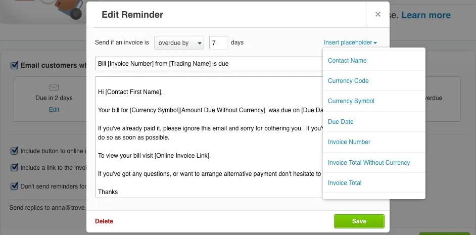 Email reminder settings