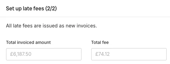 A 'Set up late fees (2/2)' screen in Trove showing the total invoiced amount and the total fee.