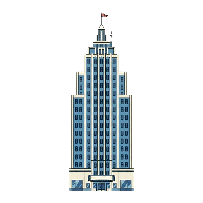 Illustrated art deco skyscraper, representing a large enterprise, on a grey background