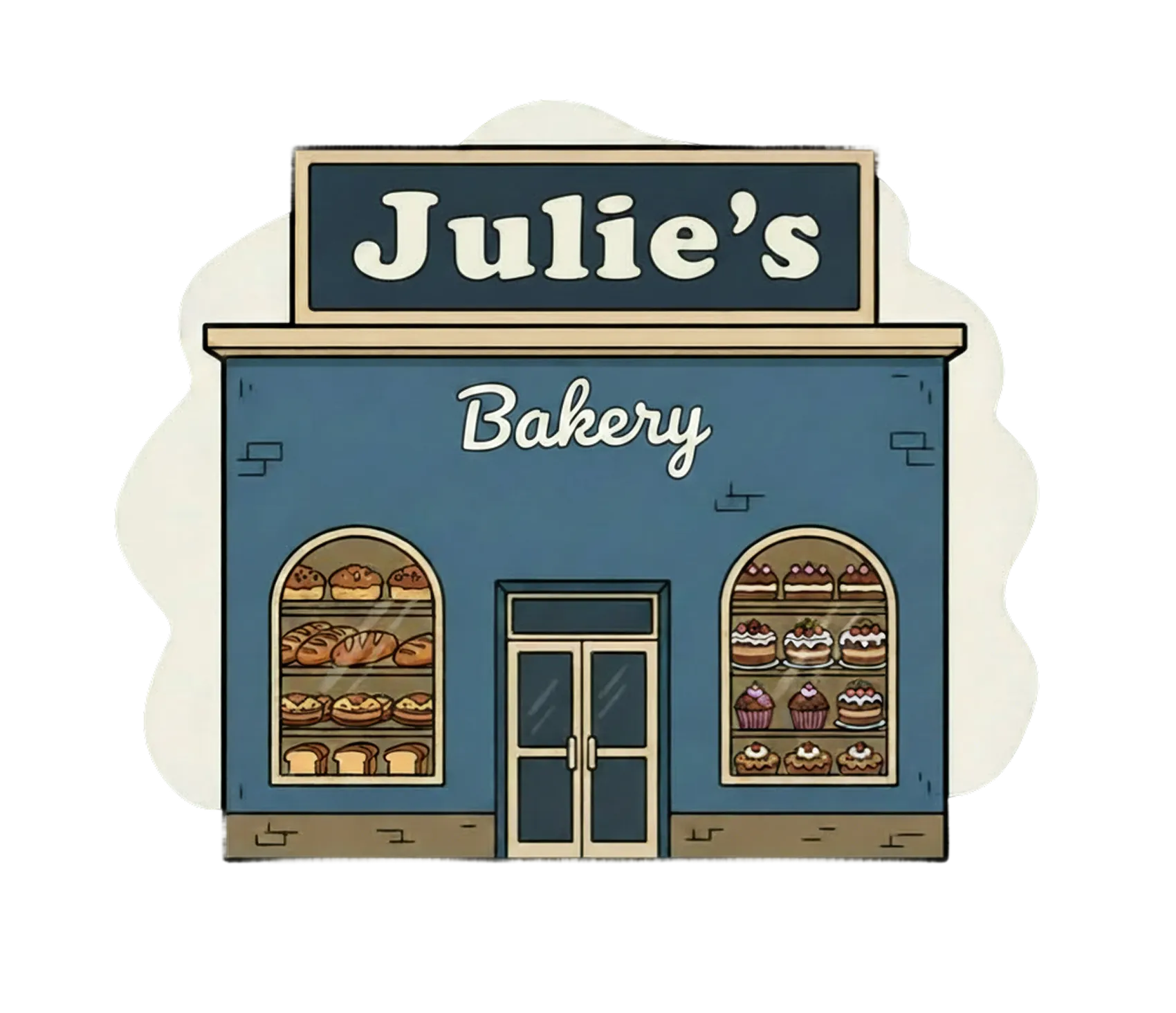 Illustrated shopfront of a small bakery called Julie's on a light grey background