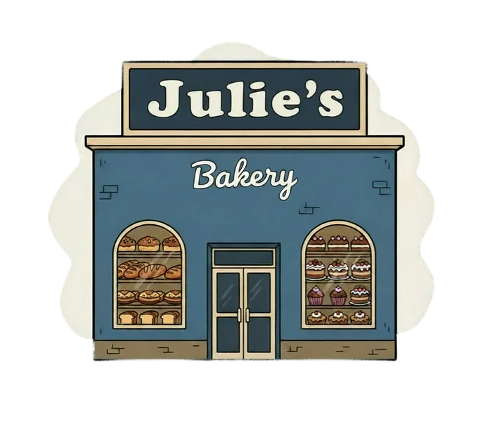 Illustrated shopfront of a small bakery called Julie's on a light grey background