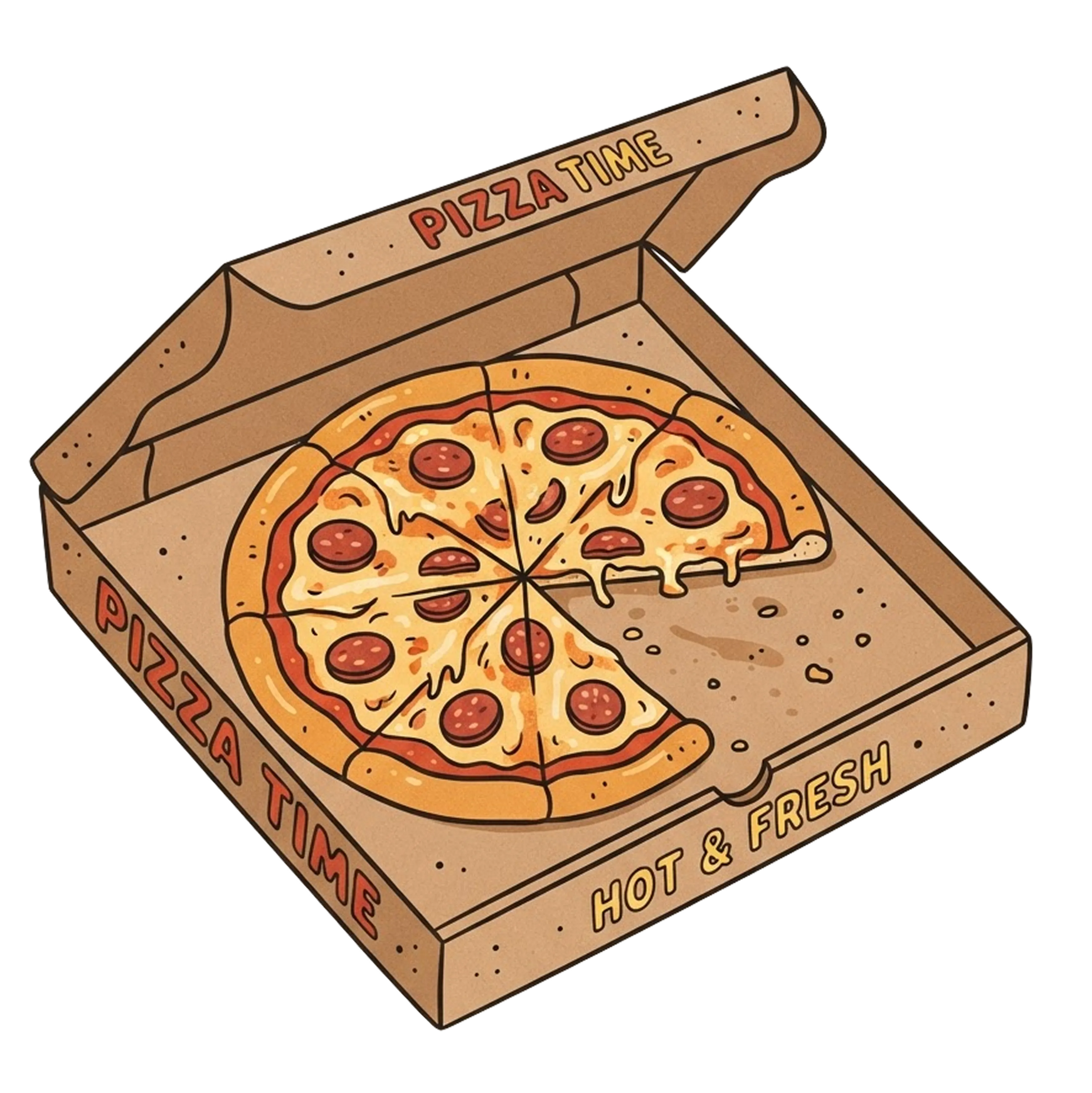 Illustrated open pizza box with a pepperoni pizza, on a grey background