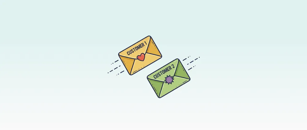 Two envelopes labelled Customer 1 and Customer 2 on a teal gradient background