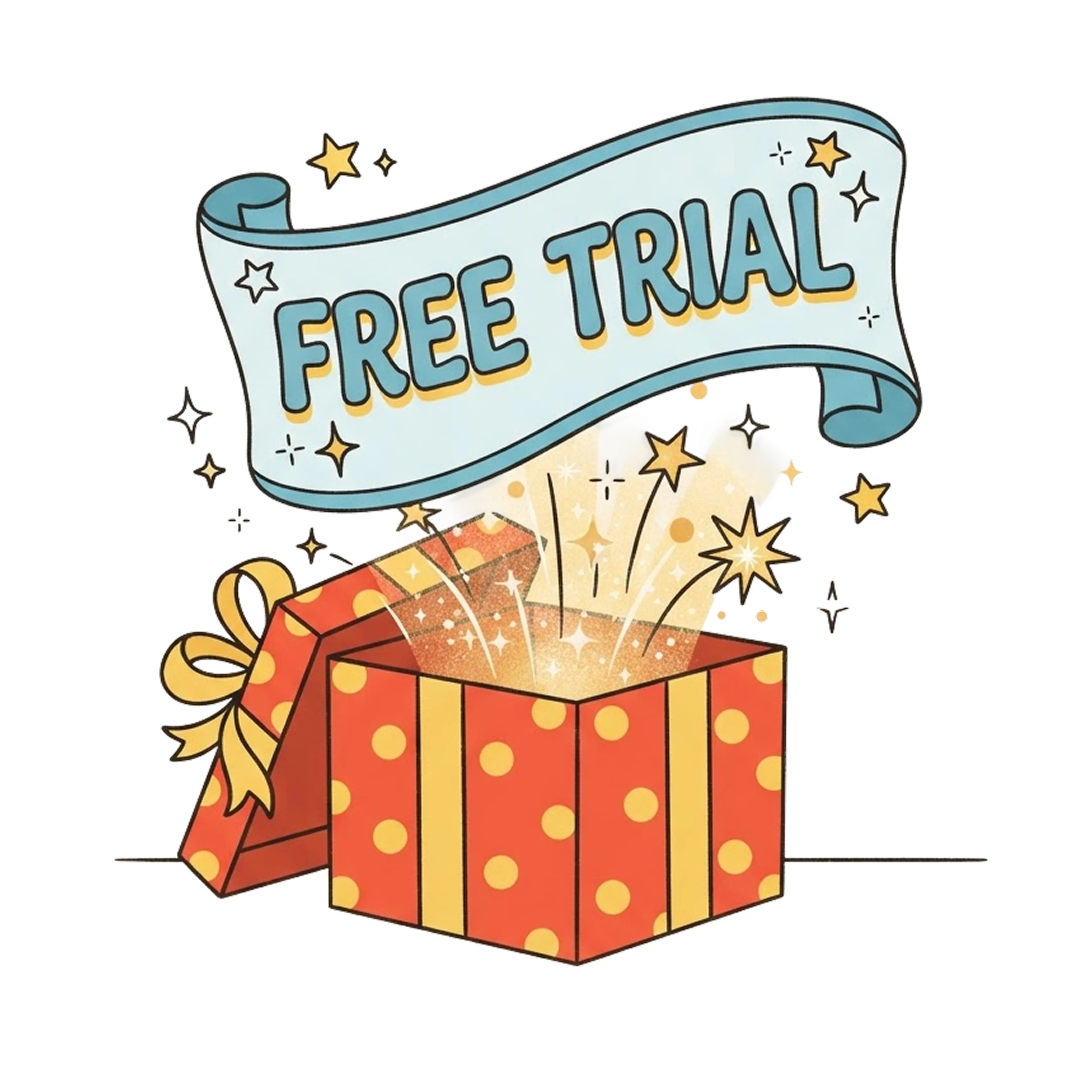 Illustrated gift box with a "free trial" banner, on a light grey background