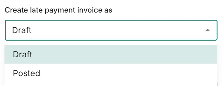 A 'Create late payment invoice as' dropdown in Trove, with Draft selected and Posted as the other option.