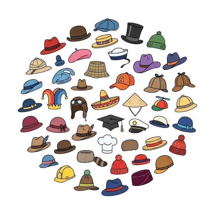 An illustrated circle of many different hats, from a top hat to a hard hat, on a light grey background