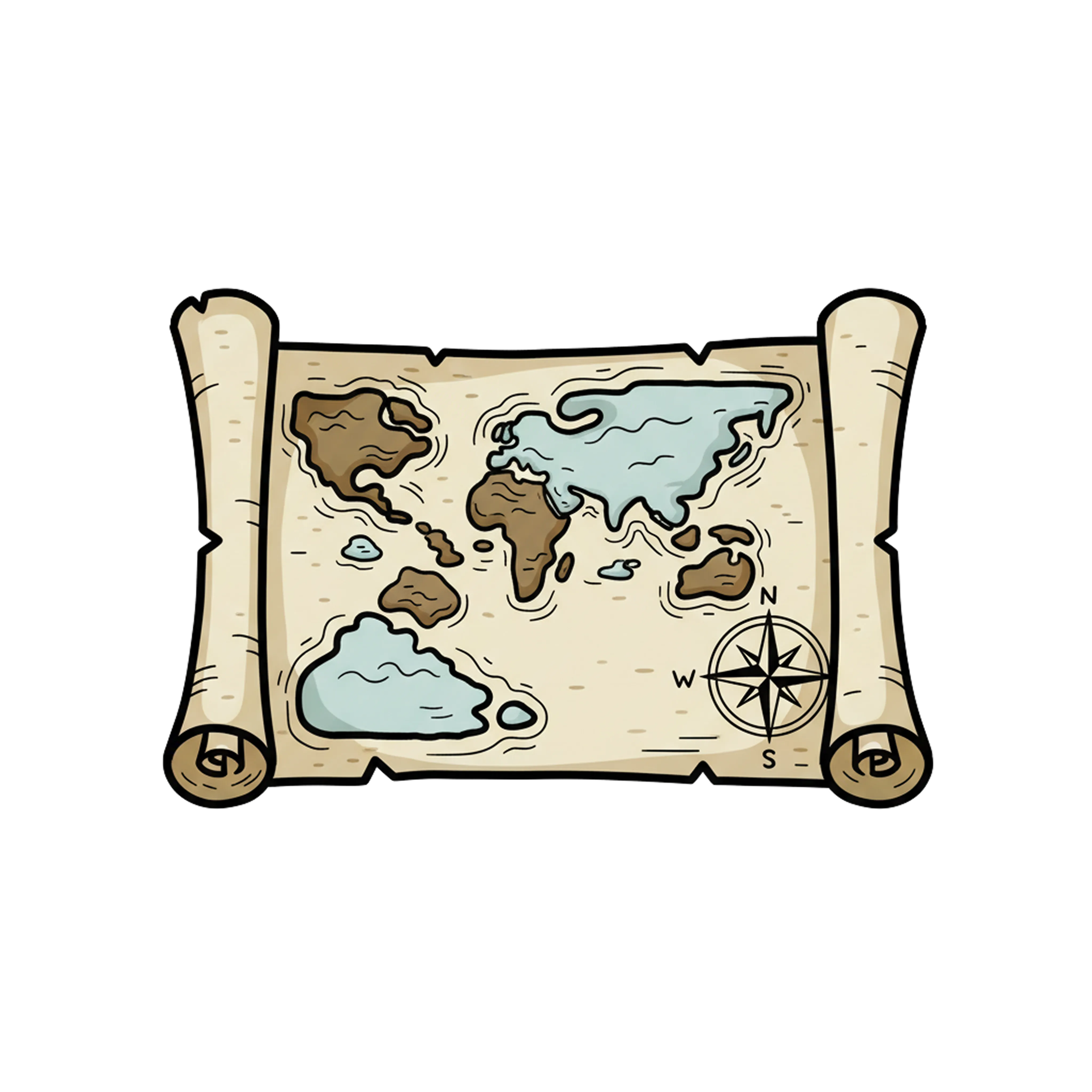 Illustrated world map on a scroll on a light grey background