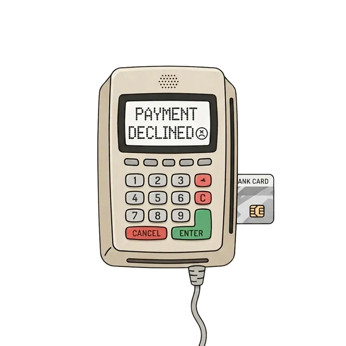 A card payment terminal showing a Payment Declined error, with a bank card inserted