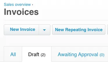 The Invoices screen in Xero, showing All, Draft (2) and Awaiting Approval (0) tabs.