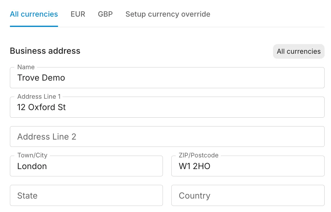 The business address form for a statement in Trove, with Name, Address Line 1, Town/City and other fields.