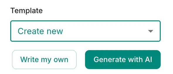 The template dropdown in Trove set to Create new, with Write my own and Generate with AI buttons.