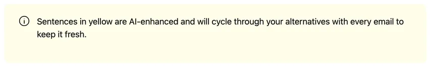 A note in Trove explaining that AI-enhanced sentences, shown in yellow, cycle through alternatives with every email.