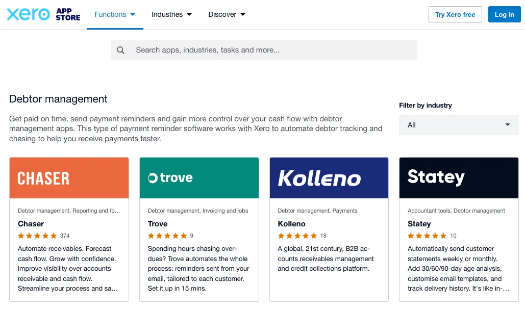 The debtor management category on the Xero App Store, listing Chaser, Trove, Kolleno and Statey