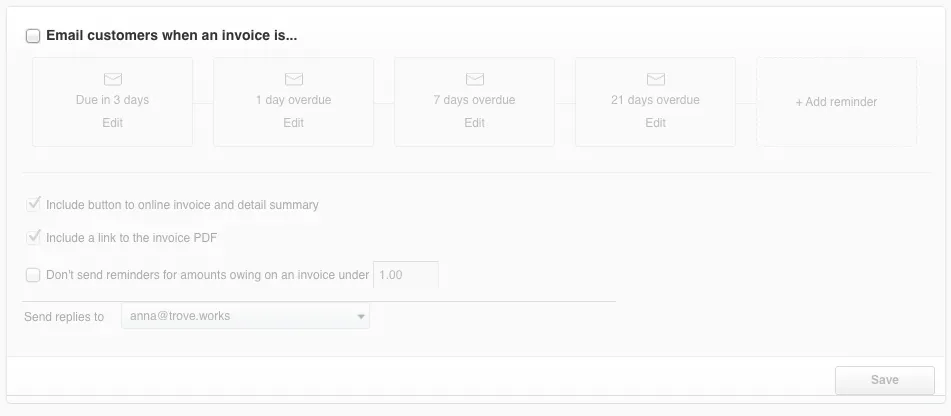The Xero invoice reminders setup screen with the 'Email customers when an invoice is...' checkbox unticked. All reminder stages and settings are greyed out.